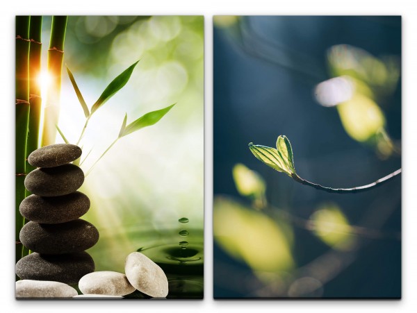 2 Bilder je 60x90cm Asien Bambus Steine Achtsamkeit Stille warmes Licht positive Energie
