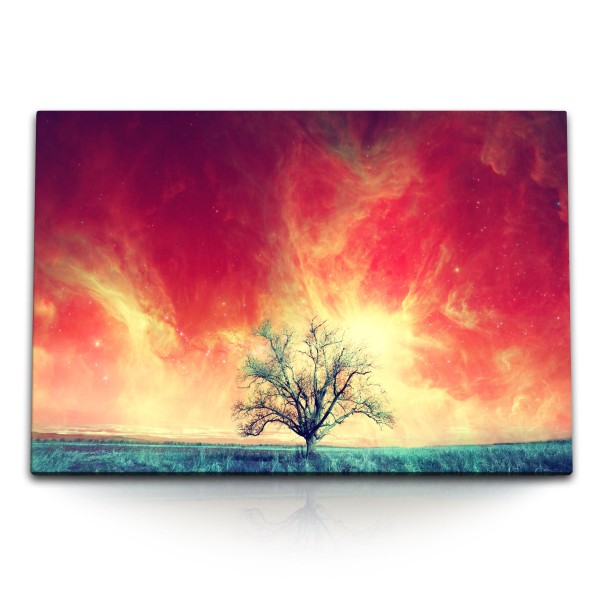 120x80cm Wandbild auf Leinwand Roter Himmel Baum Horizont Fantasievoll Sonne