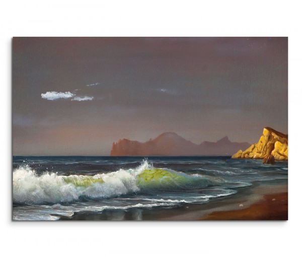 120x80cm Wandbild Ölgemälde Meer Strand Felsen Sonnenuntergang