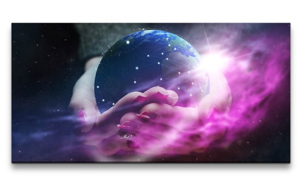 Leinwandbild 120x60cm Planet Erde in Händen Weltall Sterne Kunstvoll Fiction