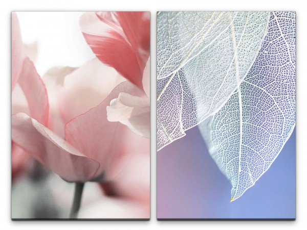 2 Bilder je 60x90cm Tulpen weiße Blätter Blattadern Hell Leicht Dekorativ Sanft