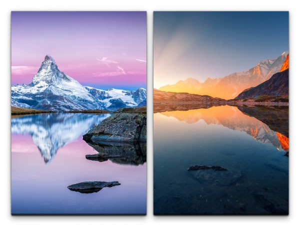 2 Bilder je 60x90cm Matterhorn Schneegipfel Berge See Sonnenstrahlen Stille Erholsam