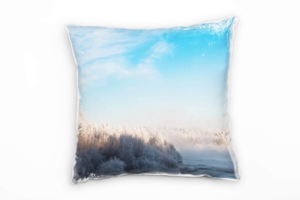 Winter, blau, weiß, schneebedeckter Wald Deko Kissen 40x40cm für Couch Sofa Lounge Zierkissen