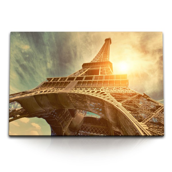 120x80cm Wandbild auf Leinwand Eiffelturm Paris Sonnenschein Himmel Frankreich