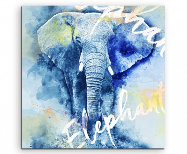 Mächtiger Elefant in Blautönen mit Kalligraphie