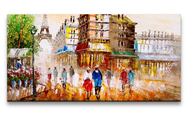 Leinwandbild 120x60cm Paris Eiffelturm Cafés Romantisch Malerisch Kunstvoll