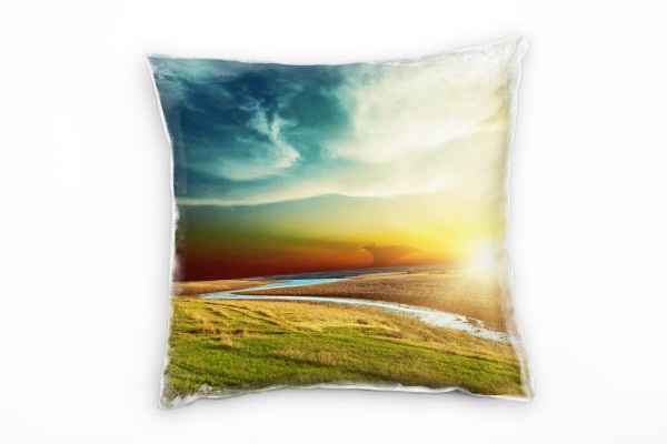 Landschaft, gelb, blau, grün, Sonnenuntergang, Wiese Deko Kissen 40x40cm für Couch Sofa Lounge Zierk