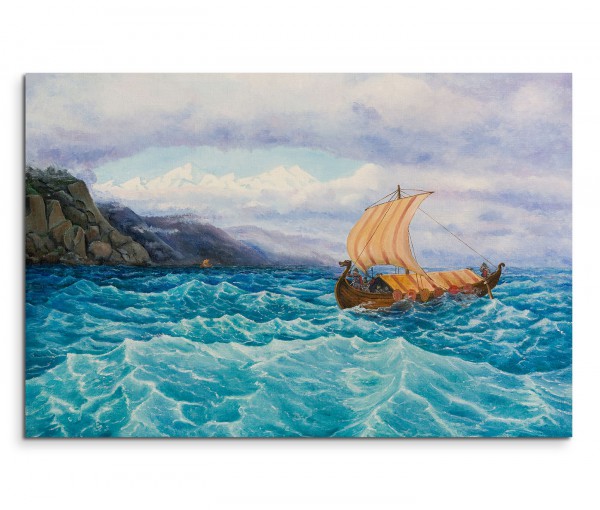 120x80cm Wandbild Ölgemälde Meer Wellen Küste Felsen Segelboot
