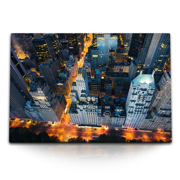 120x80cm Wandbild auf Leinwand New York bei Nacht Wolkenkratzer Urban Stadt