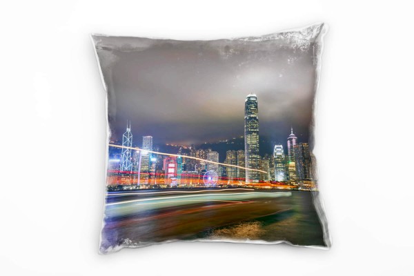 City, Hongkong, Nacht, Hochhäuser, grau, rot Deko Kissen 40x40cm für Couch Sofa Lounge Zierkissen
