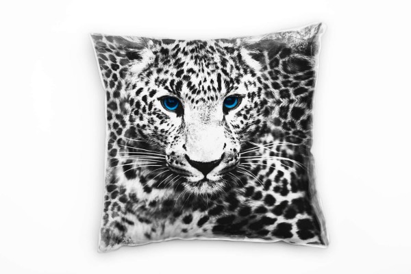 Tiere, Leopard, blaue Augen grau Deko Kissen 40x40cm für Couch Sofa Lounge Zierkissen