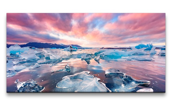 Leinwandbild 120x60cm Eisbrocken Meer Rosa Wolken Kunstvoll Fine Art