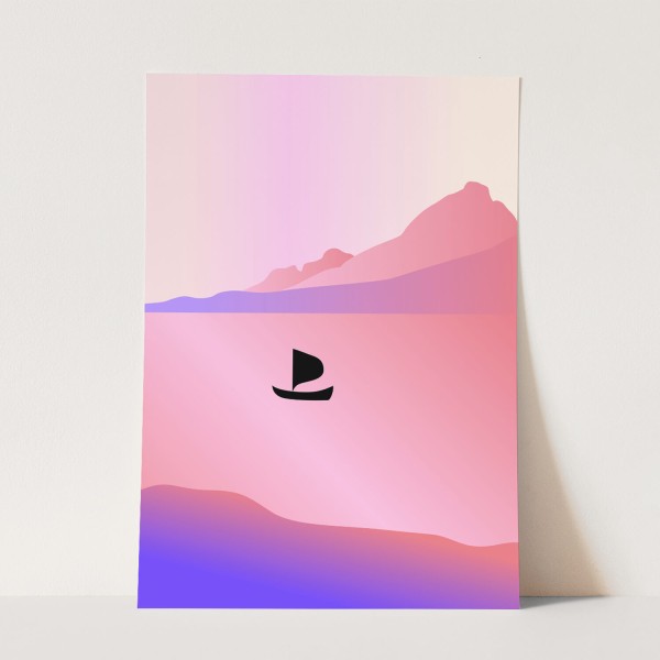 Abstrakte Illustration Meer Segelboot Berge Minimal Dekorativ