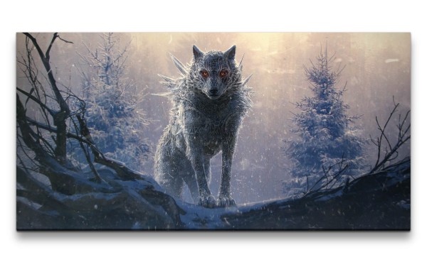 Leinwandbild 120x60cm Fantasie Wolf Tiergott Mystisch Geheimnisvoll Wald Winter