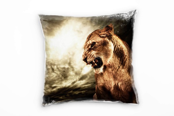 Tiere, braun, grau, Löwe vor dunklen Wolken, Nah Deko Kissen 40x40cm für Couch Sofa Lounge Zierkisse