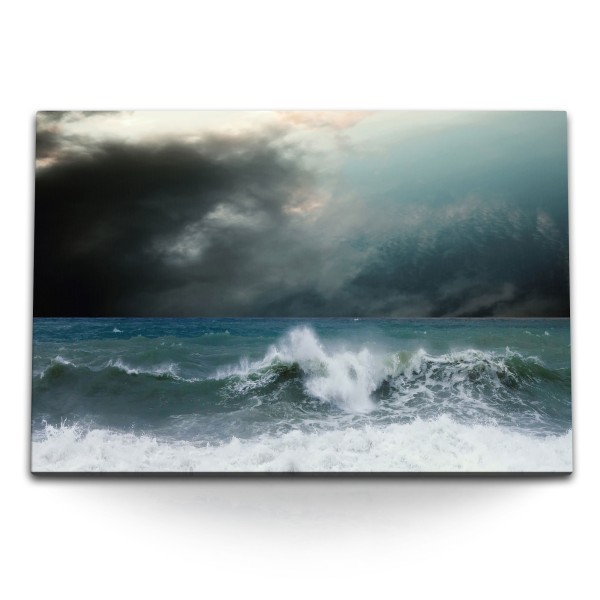 120x80cm Wandbild auf Leinwand Stürmische See Meer Wellen dunkle Wolken