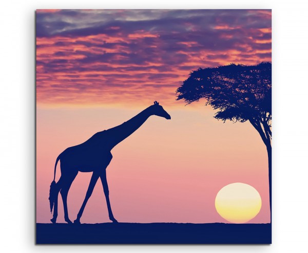 Landschaftsfotografie – Silhouette mit Giraffe und Akazie auf Leinwand
