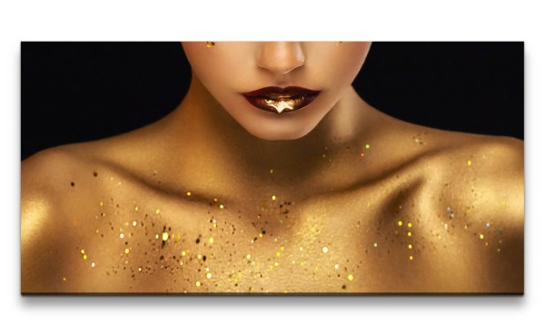 Leinwandbild 120x60cm Schönheit Model junge Frau Glitzer Make-Up Gold Kunstvoll