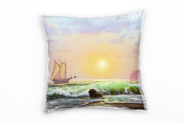 Strand und Meer, grün, gelb, Segelschiff, Wellen, gemalt Deko Kissen 40x40cm für Couch Sofa Lounge Z