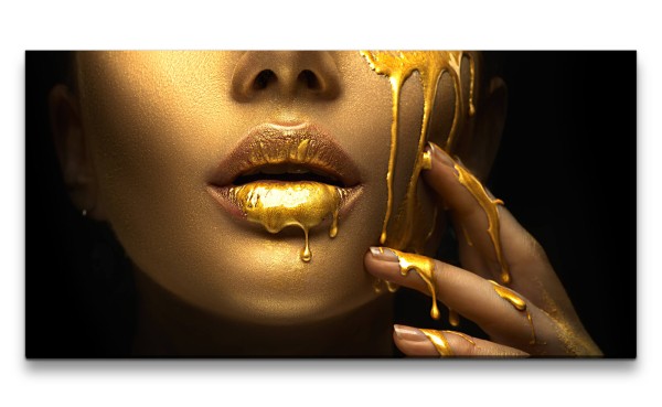 Leinwandbild 120x60cm Junge Frau Model Make-Up volle Lippen fließendes Gold