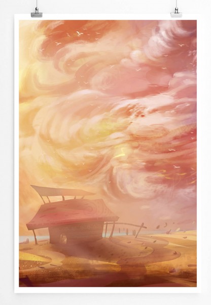 Illustration  Malerischer Strand mit einer kleinen Hütte 60x90cm Poster