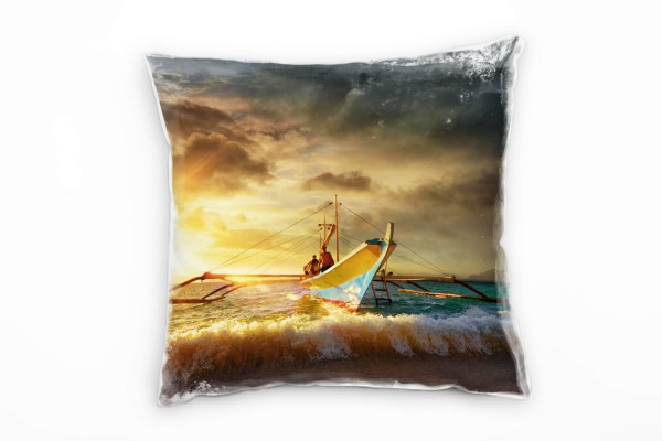 Strand und Meer, Boot, türkis, orange, Sonne Deko Kissen 40x40cm für Couch Sofa Lounge Zierkissen