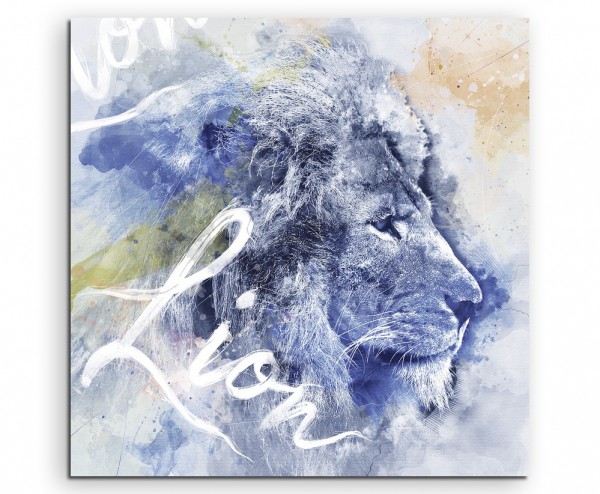 Löwe im Seitenprofil in Blautönen mit Kalligraphie