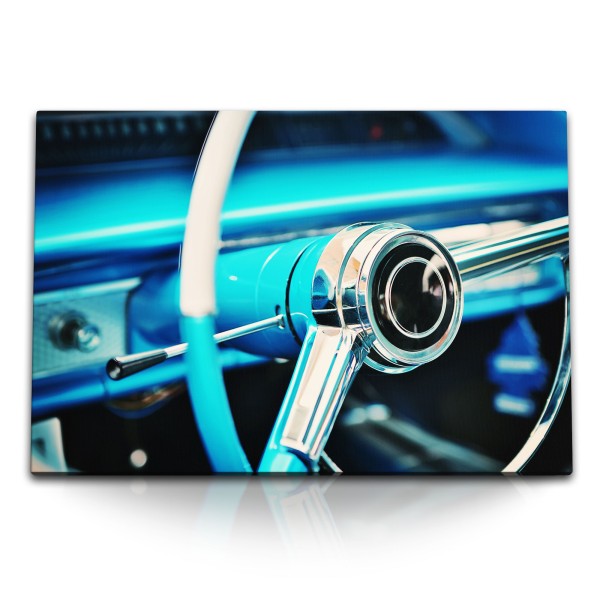 120x80cm Wandbild auf Leinwand Oldtimer Auto Lenker Blau Chrom Kuba
