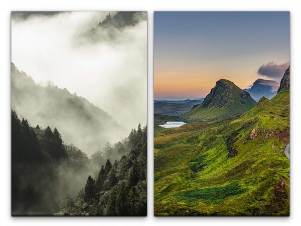 2 Bilder je 60x90cm Berge Tannenwald Nebel Grün Wolken Stille Mystisch