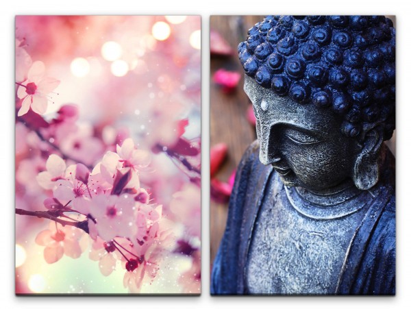 2 Bilder je 60x90cm Buddha Statue Kirschbaum Japan Kirschblüten Sakura Harmonie