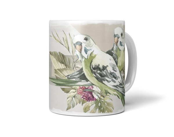 Dekorative Tasse mit schönem Vogel Motiv Wellensittiche Pärchen Blumen Blüten Exotisch Wasserfarben