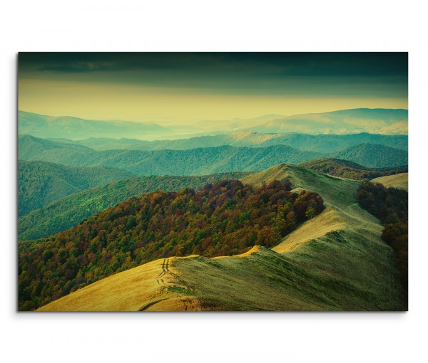 120x80cm Wandbild Berge Wiesen Wald Herbst Morgengrauen