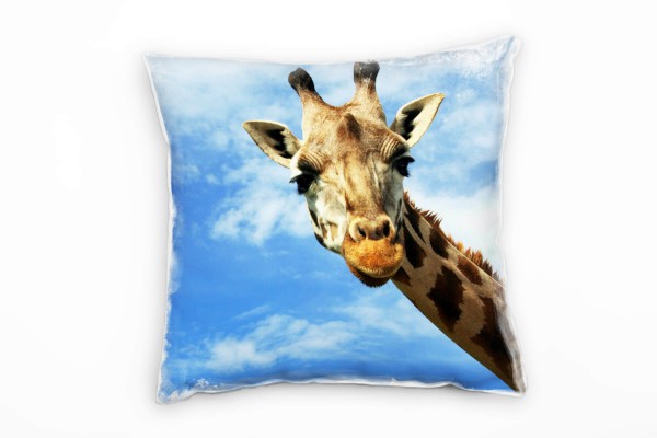 Tiere, blau, braun, Giraffe, Detailaufnahme Kopf, Afrika Deko Kissen 40x40cm für Couch Sofa Lounge Z