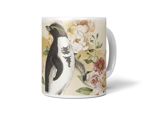 Dekorative Tasse mit schönem Vogel Motiv Pinguin Blumen Blüten Pastelltöne Farbenfroh