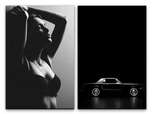 2 Bilder je 60x90cm Ford Mustang junge Frau Sexy Schwarz Oldtimer Muscle-Car USA