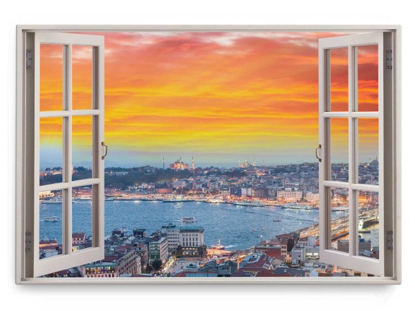 Wandbild 120x80cm Fensterbild Roter Himmel Istanbul Bucht Meer Sonnenuntergang