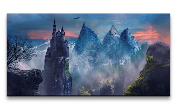 Leinwandbild 120x60cm Fantasie Burg Berge Klippen Mystisch Märchenhaft
