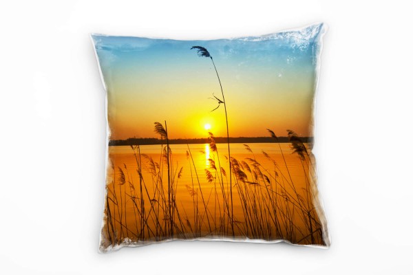 Meer, orange, blau, Sonnenuntergang, Schilf Deko Kissen 40x40cm für Couch Sofa Lounge Zierkissen