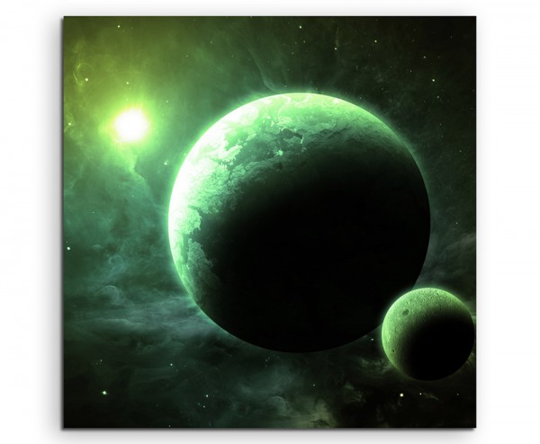 Illustration - Grüne Planeten mit Mond auf Leinwand