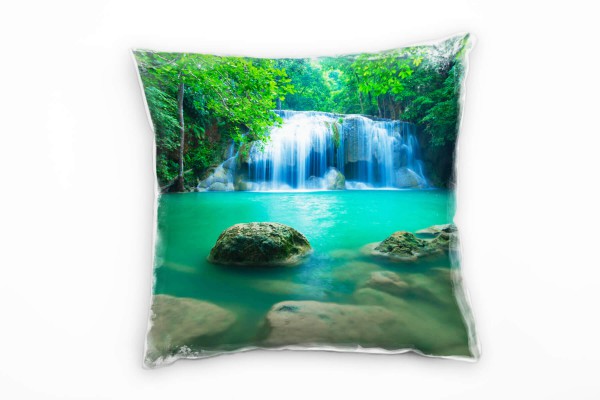 Natur, türkis, grün, braun, Wasserfall, Thailand Deko Kissen 40x40cm für Couch Sofa Lounge Zierkisse