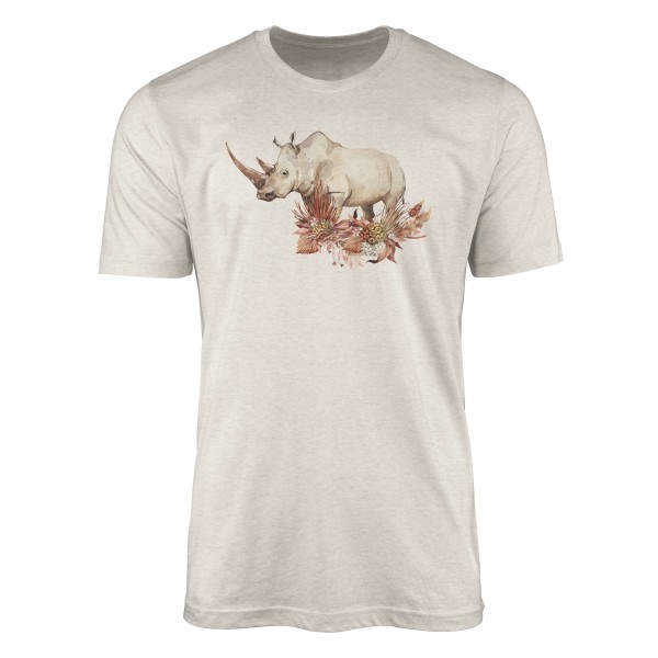 Herren Shirt 100% gekämmte Bio-Baumwolle T-Shirt Aquarell Nashorn Blumen Motiv Nachhaltig Ökomode a