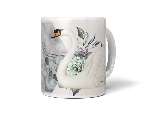 Dekorative Tasse mit schönem Vogel Motiv weißer Schwan Blumen Mystisch Märchenhaft