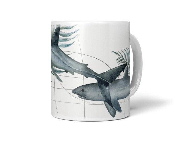 Dekorative Tasse mit schönem Motiv graue Haie Pflanzen unter Wasser Aquarell Design