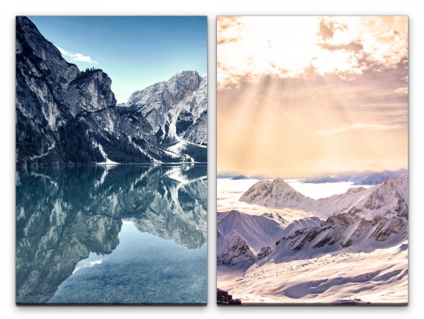 2 Bilder je 60x90cm Berge Schnee Bergsee Stille warmes Licht Meditation positive Energie