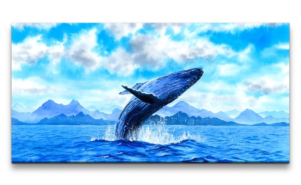 Leinwandbild 120x60cm Wal spring aus den Wasser Malerisch Blau Kunstvoll Meer