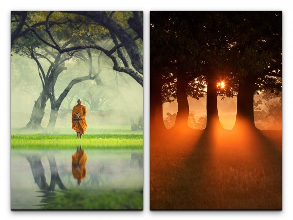 2 Bilder je 60x90cm Mönch Asien Buddhismus Bäume warmes Licht Meditation positive Energie