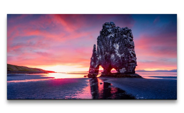 Leinwandbild 120x60cm Hvítserkur Basaltfelsen Island Meer Felsen Abenddämmerung