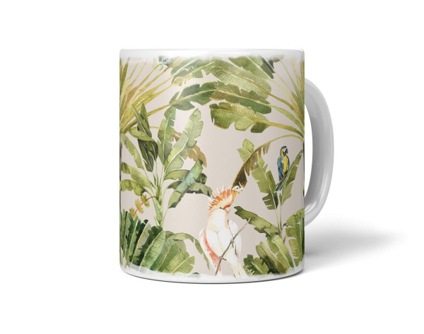 Dekorative Tasse mit schönem Motiv Palmen Muster Grün Wasserfarben Papagei Kakadus Tropisch