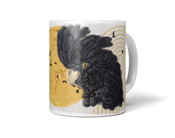 Dekorative Tasse mit schönem Vogel Motiv schwarzer Kakadus Gold schönem Design Kunstvoll