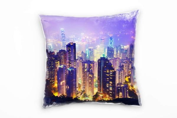 City, lila, gelb, Hongkong, Nacht, Hochhäuser, Lichter Deko Kissen 40x40cm für Couch Sofa Lounge Zie